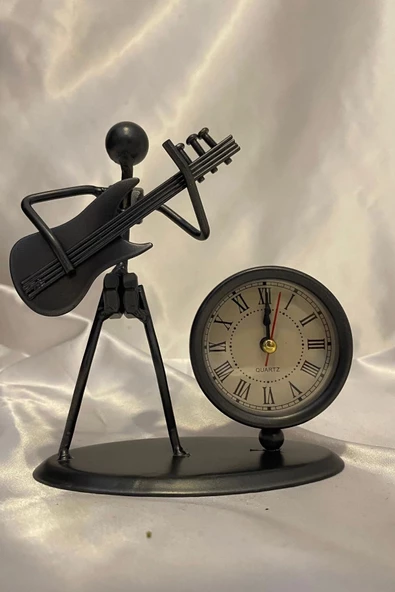 Müzisyen Metal Saat El Yapımı Büro Masa Saat Biblo Gitar 01 - Resim 5