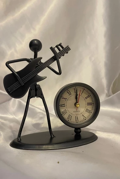 Müzisyen Metal Saat El Yapımı Büro Masa Saat Biblo Gitar 01 - Resim 3