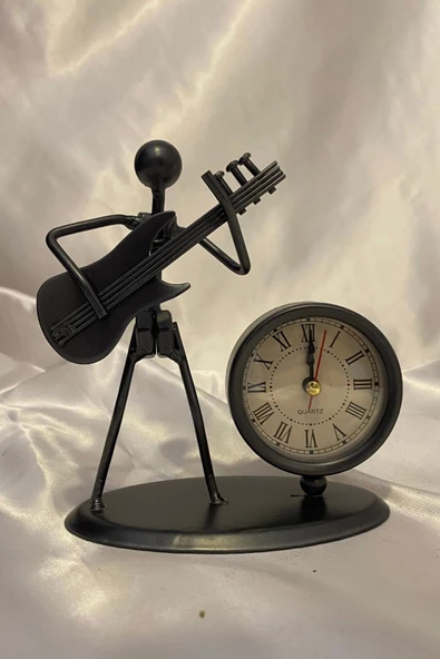 Müzisyen Metal Saat El Yapımı Büro Masa Saat Biblo Gitar 01 - Resim 2