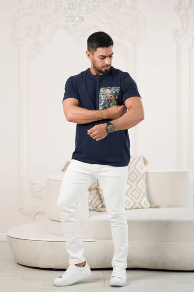 Bisiklet Yaka Önü Baskılı Pamuklu Likralı Basic Regular Fit T-shirt - 9