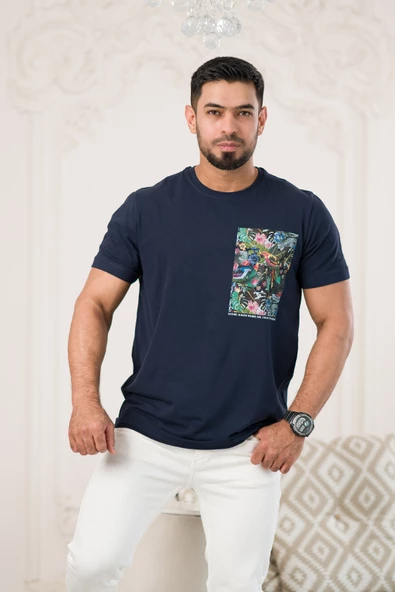 Bisiklet Yaka Önü Baskılı Pamuklu Likralı Basic Regular Fit T-shirt - 8