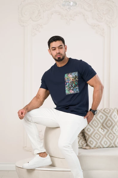 Bisiklet Yaka Önü Baskılı Pamuklu Likralı Basic Regular Fit T-shirt - 6