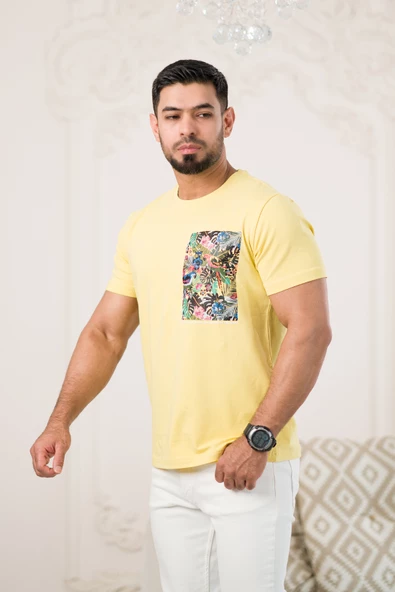 Bisiklet Yaka Önü Baskılı Pamuklu Likralı Basic Regular Fit T-shirt - 3