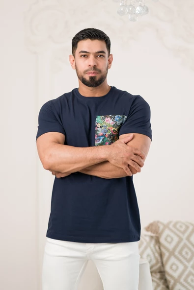 Bisiklet Yaka Önü Baskılı Pamuklu Likralı Basic Regular Fit T-shirt - 7