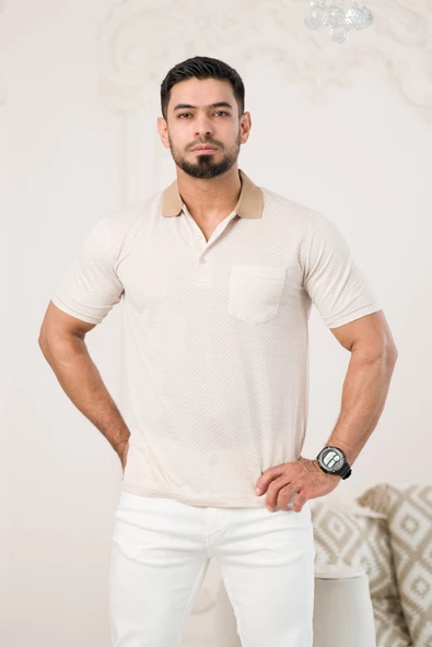 Regular Fit Yakalı Ve Cepli Desenli Erkek Klasik T-shirt