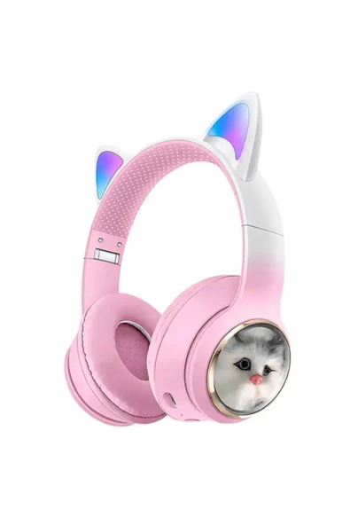 Kedi Tüylü Işıklı Kedili Mikrofonlu Bluetoothlu Kulaklık SD Aux Girişli KEDİ kulaklık Kablosuz - 3