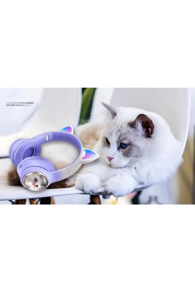 Kedi Tüylü Işıklı Kedili Mikrofonlu Bluetoothlu Kulaklık SD Aux Girişli KEDİ kulaklık Kablosuz - 7