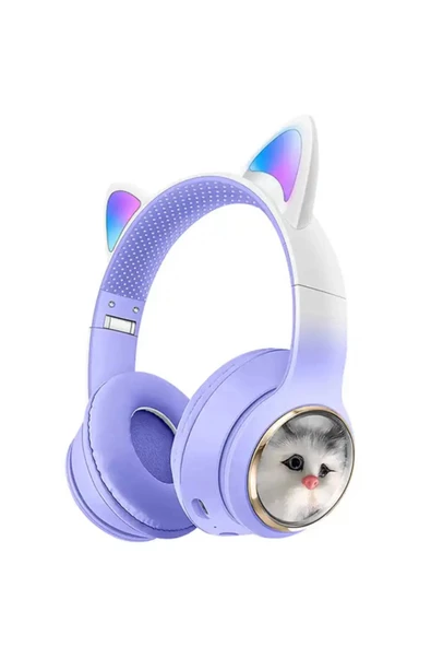 Kedi Tüylü Işıklı Kedili Mikrofonlu Bluetoothlu Kulaklık SD Aux Girişli KEDİ kulaklık Kablosuz - 2