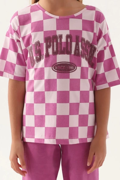 U.S. Polo Assn. Lisanslı US1811 Plaid T-Shirt ve Kapri Alt Üst Kız Çocuk Takımı - 9