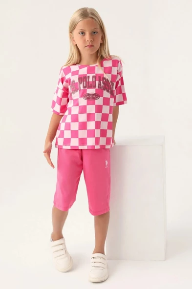 U.S. Polo Assn. Lisanslı US1811 Plaid T-Shirt ve Kapri Alt Üst Kız Çocuk Takımı - 6