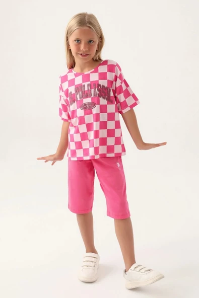 U.S. Polo Assn. Lisanslı US1811 Plaid T-Shirt ve Kapri Alt Üst Kız Çocuk Takımı - 3
