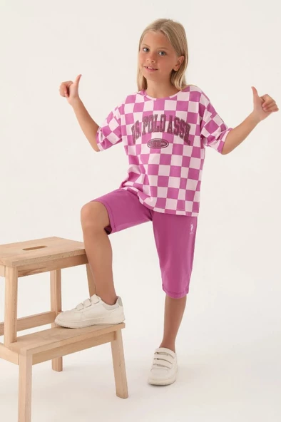 U.S. Polo Assn. Lisanslı US1811 Plaid T-Shirt ve Kapri Alt Üst Kız Çocuk Takımı - 8