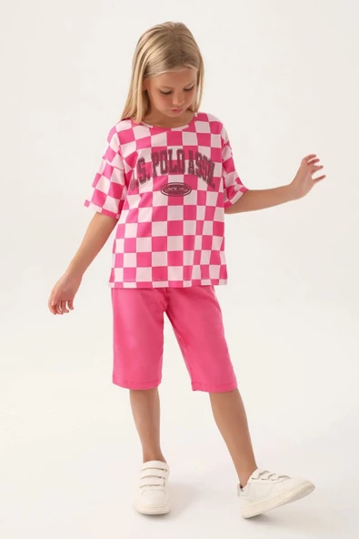 U.S. Polo Assn. Lisanslı US1811 Plaid T-Shirt ve Kapri Alt Üst Kız Çocuk Takımı - 5