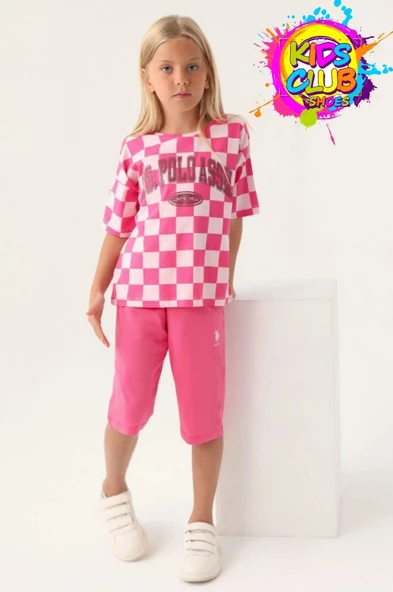 U.S. Polo Assn. Lisanslı US1811 Plaid T-Shirt ve Kapri Alt Üst Kız Çocuk Takımı - 2