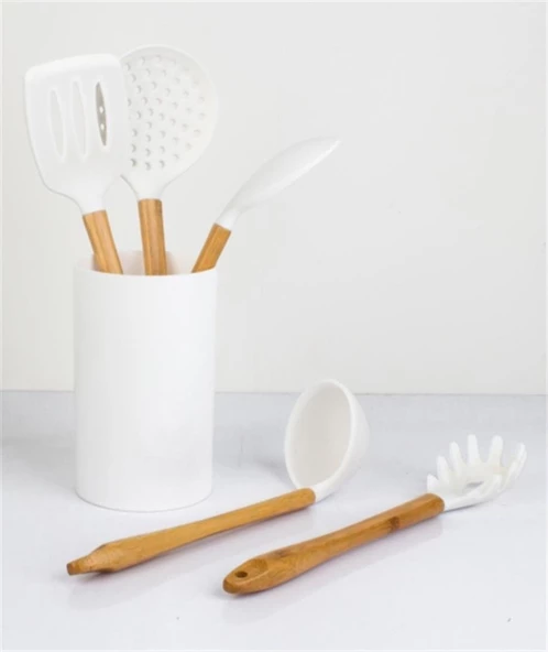 ACAR SİLİKON KEPÇE SETİ SDANTLI 6 PARÇA AHSAP SAPLI BEYAZ IVY-010002-12