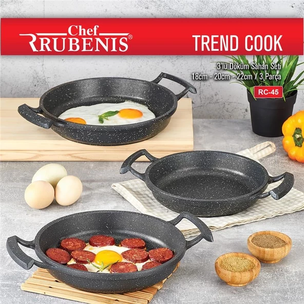 CHEF RUBENIS TREND COOK 3 LÜ DÖKÜM SAHAN SETİ 18CM-20CM-22CM SİYAH KIRÇILLI RC-45