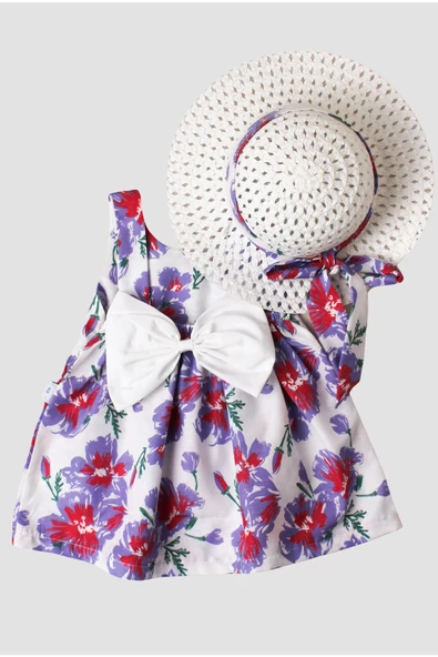 Şapkalı Çiçek Desenli Fiyonklu Kız Bebek Elbisesi - 7