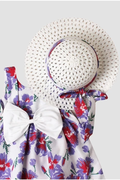 Şapkalı Çiçek Desenli Fiyonklu Kız Bebek Elbisesi - 11