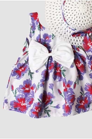 Şapkalı Çiçek Desenli Fiyonklu Kız Bebek Elbisesi - 3