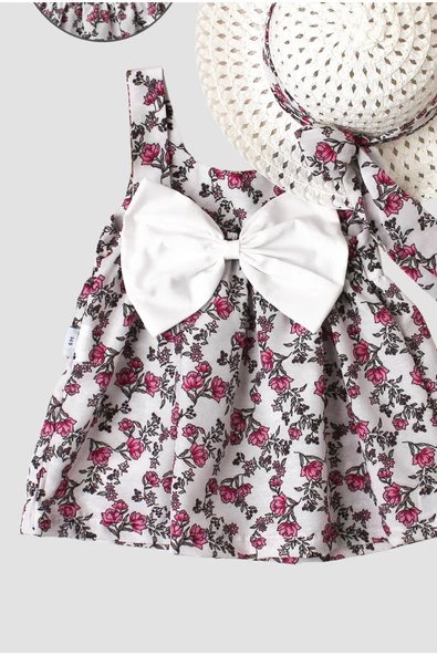 Çiçek Desenli Fiyonklu Şapkalı Kız Bebek Elbisesi - 11