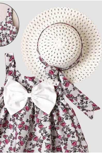 Çiçek Desenli Fiyonklu Şapkalı Kız Bebek Elbisesi - 3