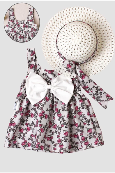 Çiçek Desenli Fiyonklu Şapkalı Kız Bebek Elbisesi - 4