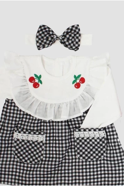 Bebek Elbisesi Kiraz Nakışlı Fırfırlı Bandanalı Pötikareli - 2