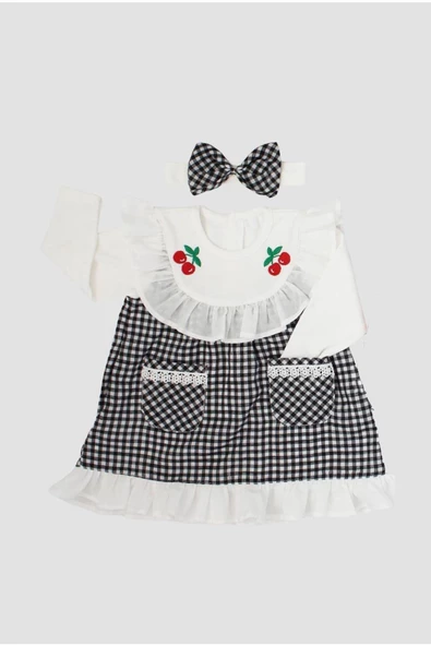 Bebek Elbisesi Kiraz Nakışlı Fırfırlı Bandanalı Pötikareli