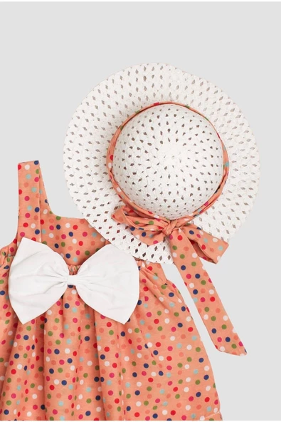 Şapkalı puantiye Desenli Fiyonklu Kız Bebek Elbisesi - 6