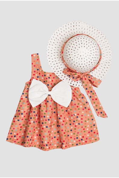 Şapkalı puantiye Desenli Fiyonklu Kız Bebek Elbisesi - 4