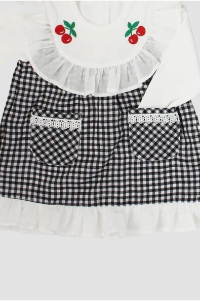 Bebek Elbisesi Kiraz Nakışlı Fırfırlı Bandanalı Pötikareli - 6