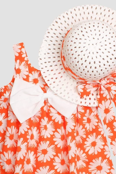 Şapkalı Papatya Çiçek Desenli Fiyonklu Esnek Kız Bebek Elbisesi - 2