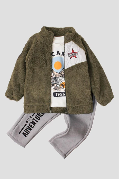 Kışlık peluş üçlü takım erkek bebek welsoft sweatshirt eşofman içi pamuklu - 11