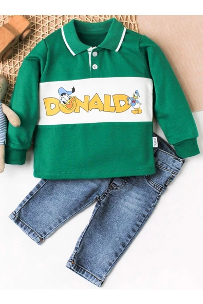 Erkek Bebek Gömlek Kısa Kollu Pantolon Ikili Takım Donald Baskılı Ördekli %100 Pamuklu - 11