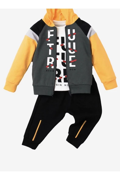 Future Baskılı Kapüşonlu Pamuk Bebek Takım 3’lü Takım hırka Sweatshirt Alt - 11