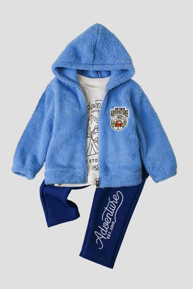 Kışlık tatlı peluş takım pamuklu 3’lü takım erkek bebek welsoft sweatshirt alt üst - 9