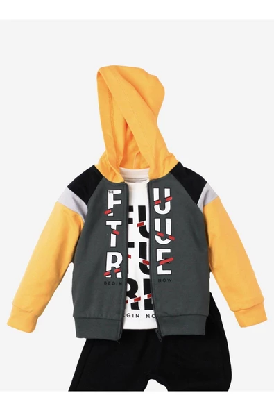 Future Baskılı Kapüşonlu Pamuk Bebek Takım 3’lü Takım hırka Sweatshirt Alt - 2