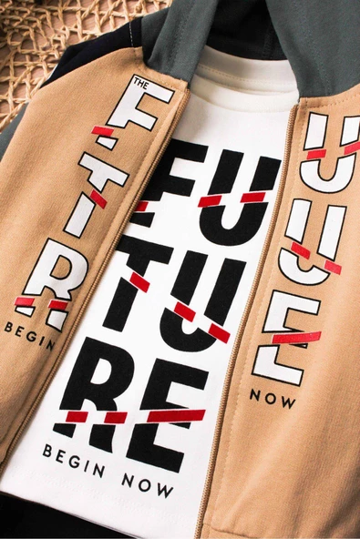 Future Baskılı Kapüşonlu Pamuk Bebek Takım 3’lü Takım hırka Sweatshirt Alt - 12