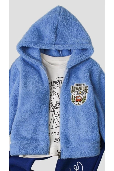 Kışlık tatlı peluş takım pamuklu 3’lü takım erkek bebek welsoft sweatshirt alt üst - 7