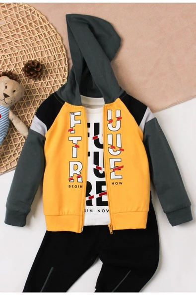 Future Baskılı Kapüşonlu Pamuk Bebek Takım 3’lü Takım hırka Sweatshirt Alt - 2