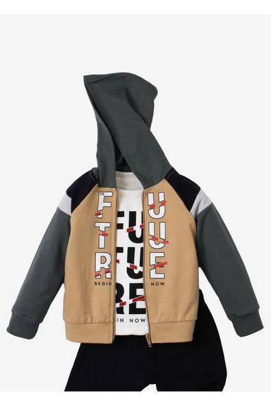 Future Baskılı Kapüşonlu Pamuk Bebek Takım 3’lü Takım hırka Sweatshirt Alt - 3