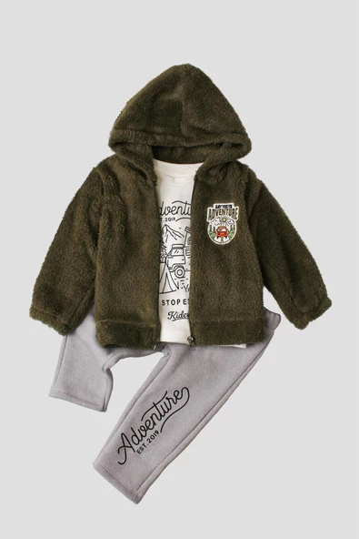 Kışlık tatlı peluş takım 3’lü takım erkek bebek welsoft sweatshirt eşofman - Resim 4