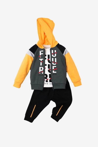 Future Baskılı Kapüşonlu Pamuk Bebek Takım 3’lü Takım hırka Sweatshirt Alt - 5