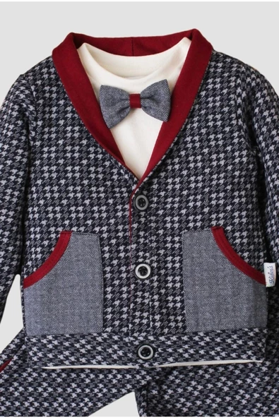 %100 pamuklu ekose hırkalı papyonlu cepli erkek bebek takımı doğum günü düğün nişan - 6