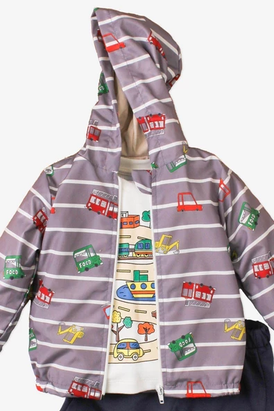 Araba Desenli Kapüşonlu İçi Pamuklu Yağmurluk Bebek Takımı - 4