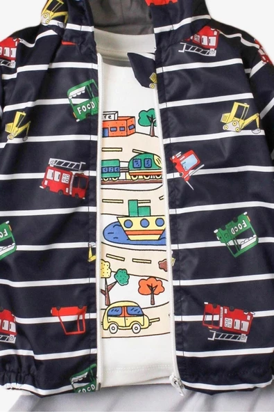 Araba Desenli Kapüşonlu İçi Pamuklu Yağmurluk Bebek Takımı - Resim 6