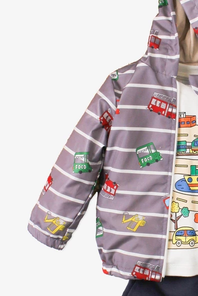 Araba Desenli Kapüşonlu İçi Pamuklu Yağmurluk Bebek Takımı - 5