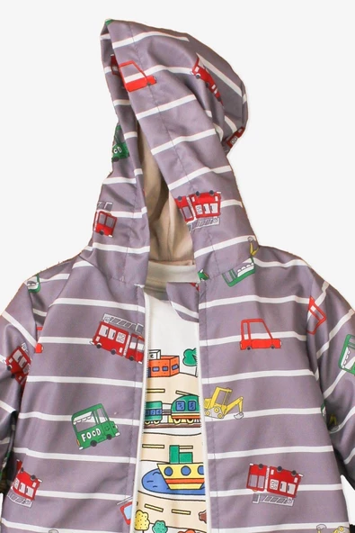 Araba Desenli Kapüşonlu İçi Pamuklu Yağmurluk Bebek Takımı - 7