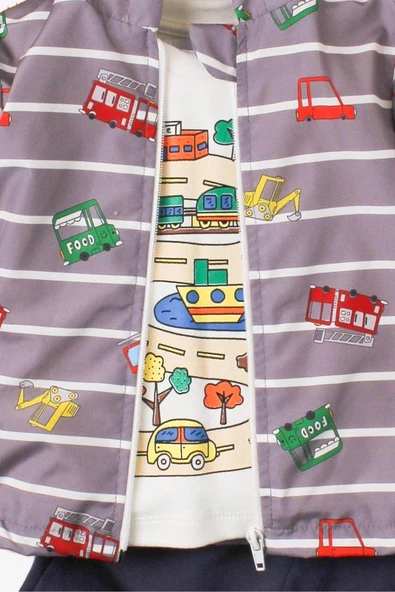 Araba Desenli Kapüşonlu İçi Pamuklu Yağmurluk Bebek Takımı - 6