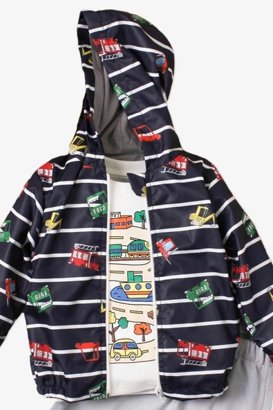 Araba Desenli Kapüşonlu İçi Pamuklu Yağmurluk Bebek Takımı - Resim 4